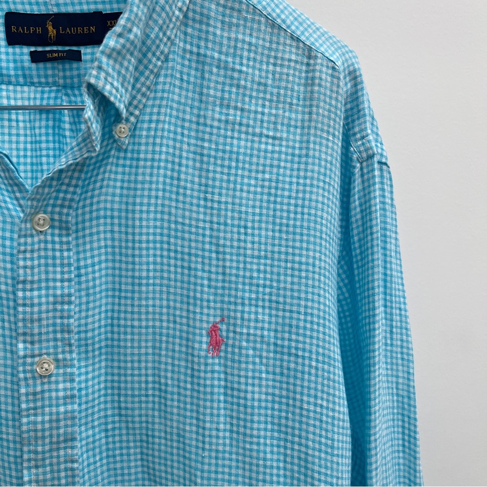 Ralph Lauren linen gingham long sleeve button up shirt XXL blue white pink pony